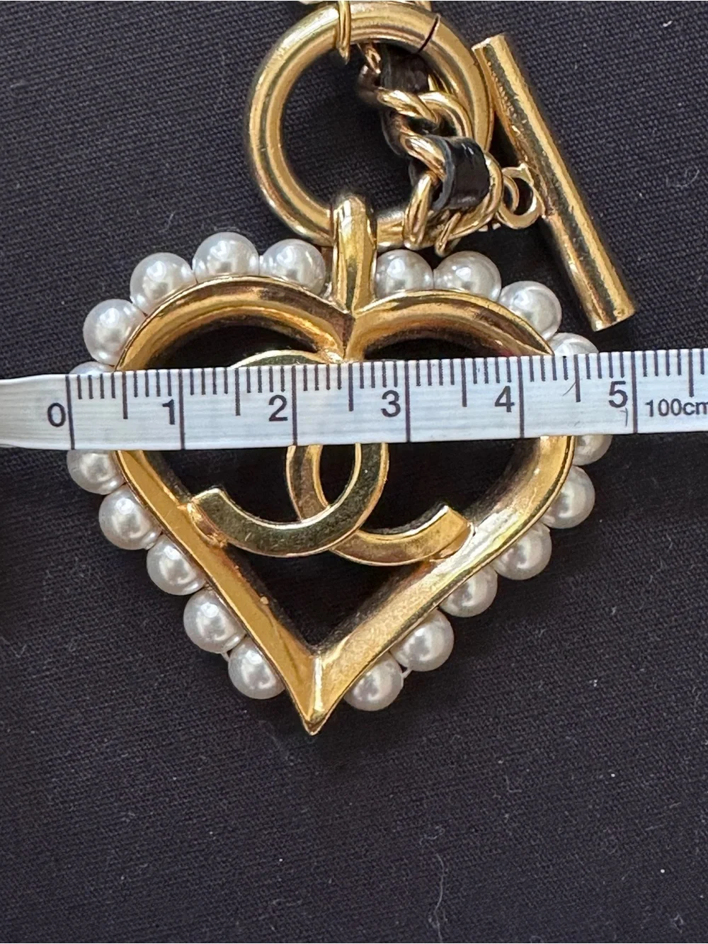 CHANEL Gold and Black Heart CC Pendant Necklace with Pearls